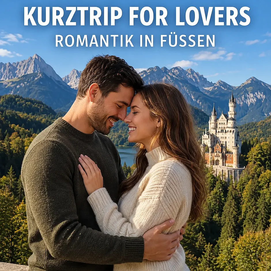 [Translate to gb:] Angebotsgrafik Kurztrip for Lovers mit Paar vor Schloss Neuschwanstein